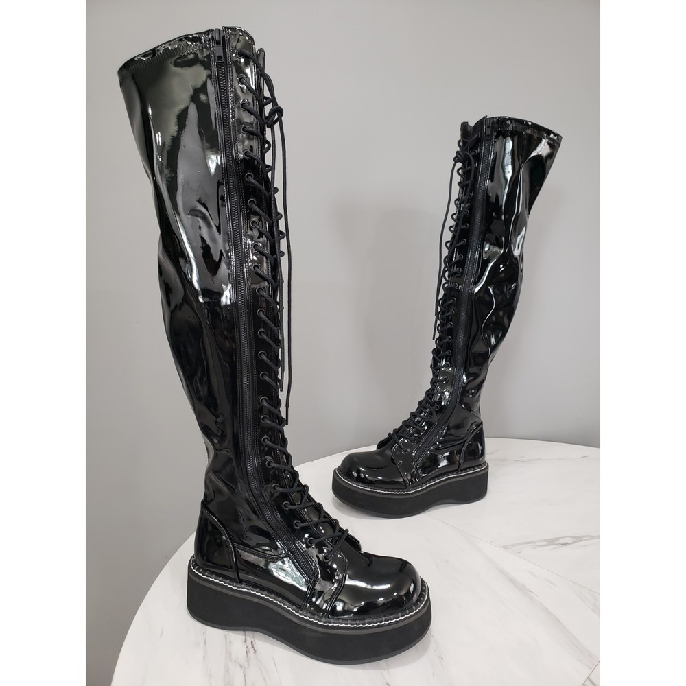 NEW NO BOX Demonia Emily 375 Platform Boots PATENT BLACK lace up